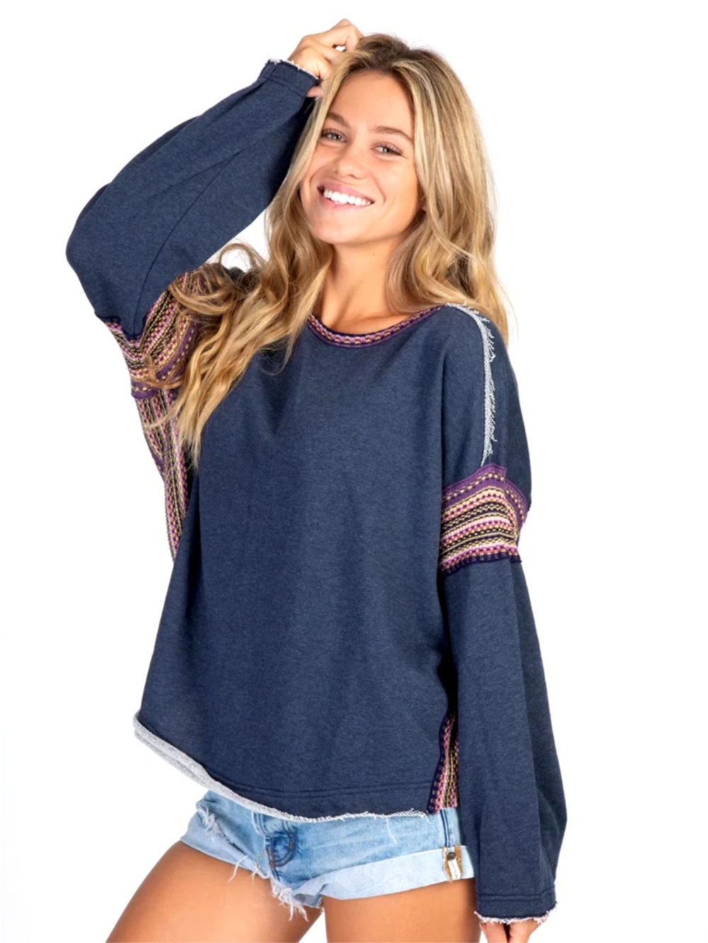 Natural Life Boho Oversized Knit Trim Sweatshirt Blue S/M Raw Hem